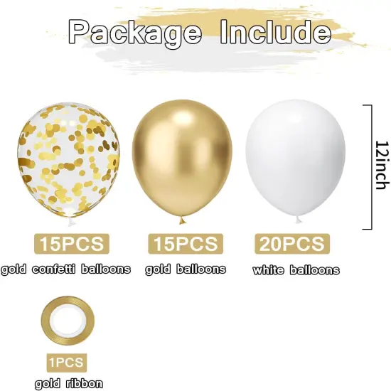 White and Gold Confetti Latex Balloons, 50 Pack 12 inch gold and white Party Balloons with Ribbons for Birthday Graduation Wedding Bridal Shower Party Decoration {2}