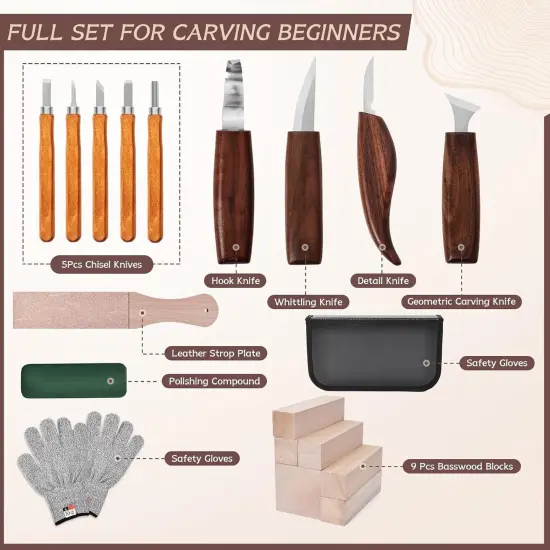Wood Carving Kit, 4PCS Wood Carving Knives & 5PCS Detail Knives, 9 Basswood Blocks, 1 Pair Gloves, Roll Bag, Strop Block, Polishing Compound Whittling Kit Hobbies for Adults {2}