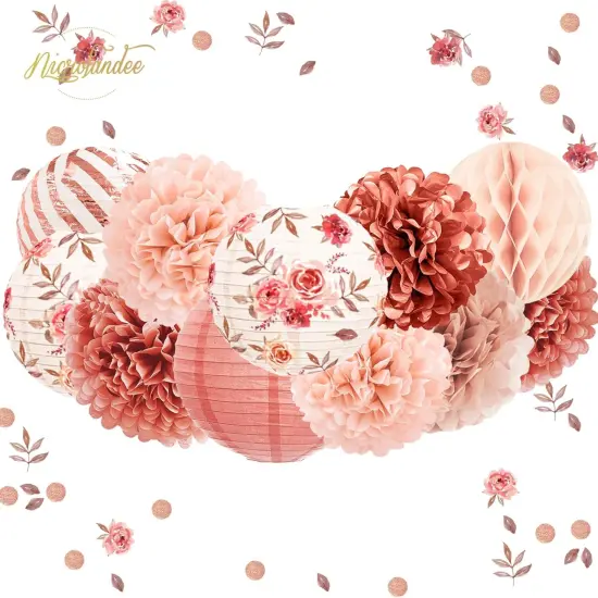 Wedding Decorations, 12PCS Rose Gold Paper Lanterns Tissue Pom Poms Confetti Decor for Bridal Shower Bachelorette Valentines Party, Rose Gold Pink Girl Birthday Party Decoration {2}