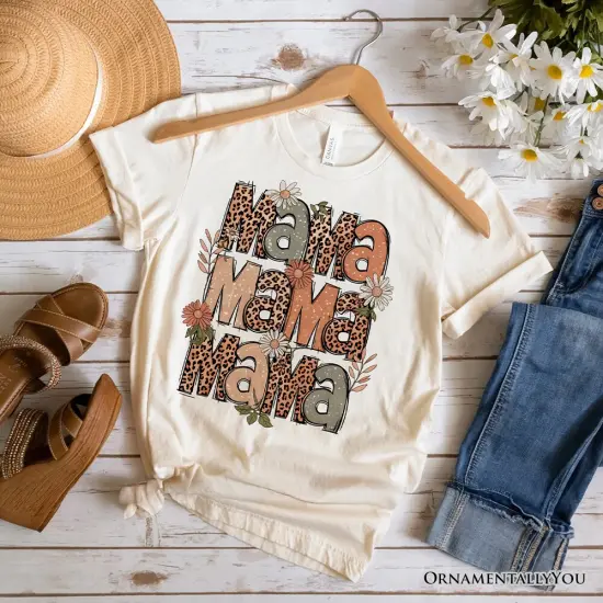 Leopard Mama Floral Retro T-Shirt, White and Natural Trendy Women's Tee with Wildflower Accents {7}