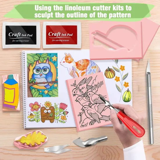 10-Pack Linoleum Blocks for Printmaking with Cutter Tools, Rubber Stamp Making Kit Rubber Block Stamp Carving Blocks Craft Ink Pad Hobby Knife Pencil for DIY Printmaking {5}