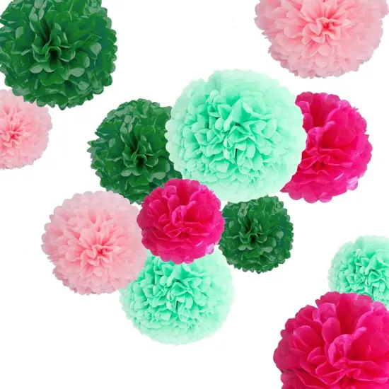 Green Pink Tissue Paper Pom Poms Decor-12PC Tissue Paper Flowers-Wall Hanging Decorations for Bachelorette, Neutral,Bridal,Baby Shower,Hawaiian Birthday Decorations 8,10, 12in {1}