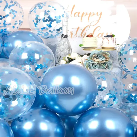 Party Balloons Pack of 42 - Metallic Blue Balloons and Blue Confetti Balloons With 64ft Ribbons 12 Inch Chrome Latex Helium Balloon Decoration Set {4}