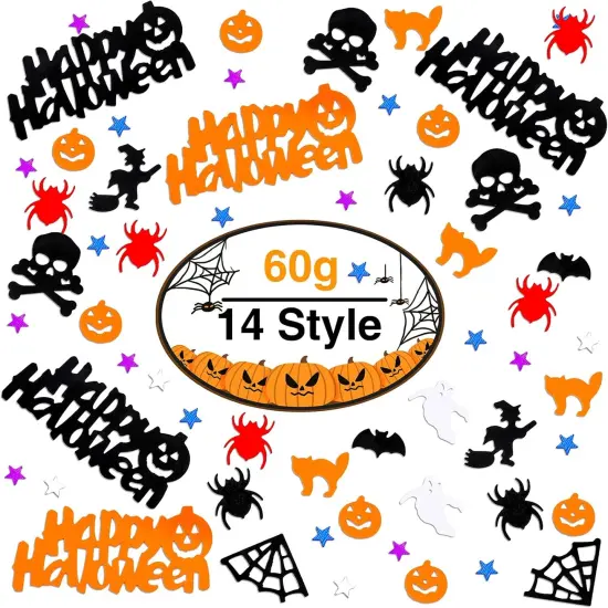 Halloween Party Table Scatter Confetti, Halloween Supplies Foil Metallic Sequins Confetti Trick Or Treat Party Sprinkles Confetti Decorations Pumpkin Bat Ghost Witch Skull Spider Decor, 60g {2}