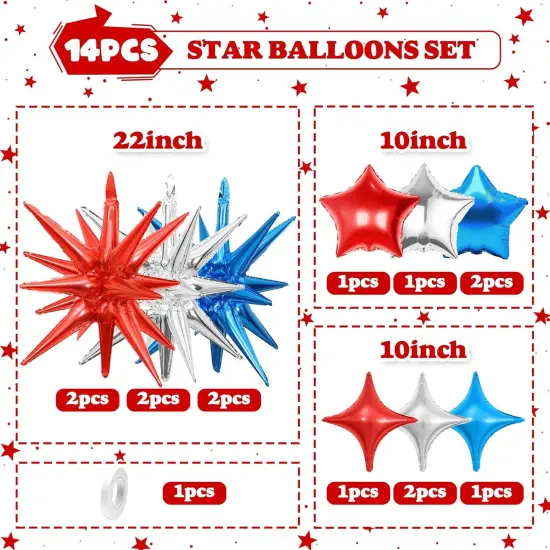 14pcs Blue Red Silver Star Balloons, Mixed Star Foil Balloon, 22Inch Explosion Stars Balloons with 10Inch Stars Shaped Balloon, for Birthday Graduation 4th of July Independence Day Party Decorations {2}