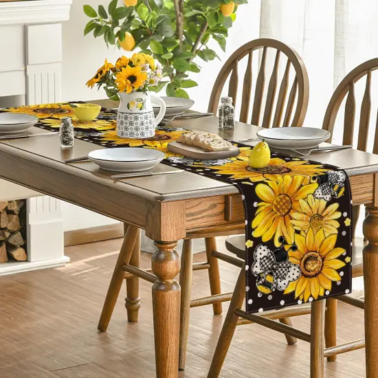 Black Sunflower Bee Flower Polka Dot Summer Table Runner, Seasonal Kitchen Dining Table Decoration for Indoor Party Home 13x72 Inch {4}