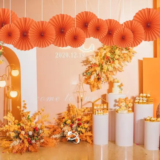 Orange Party Hanging Fans DIY Set - 12pcs Paper Fans with Pinwheels - DIY Paper Craft for Wedding, Birthday, Christmas Party Decoration {2}