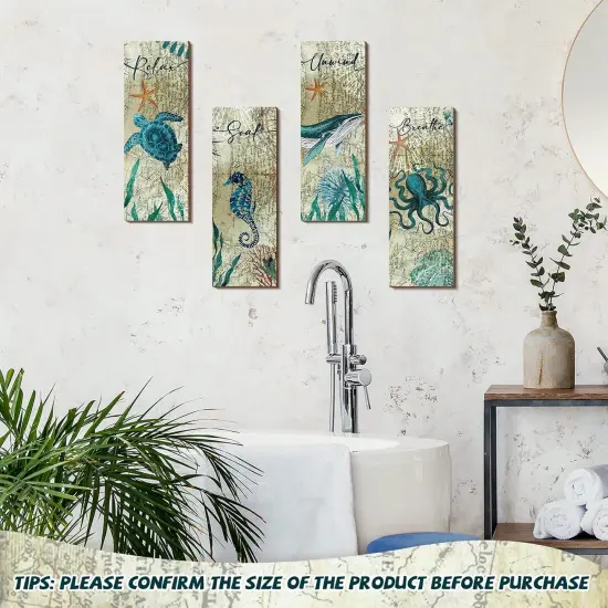 4 Pieces Summer Beach Bathroom Decor Wall Sign Ocean Decor Sea Turtle Wall Art {5}