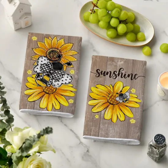 Artoid Mode Wood Sunflowers Bee Sunshine Spring Kitchen Towels Dish Towels, 18x26 Inch Farmhouse Summer Floral Decoration Hand Towels Set of 2 {3}