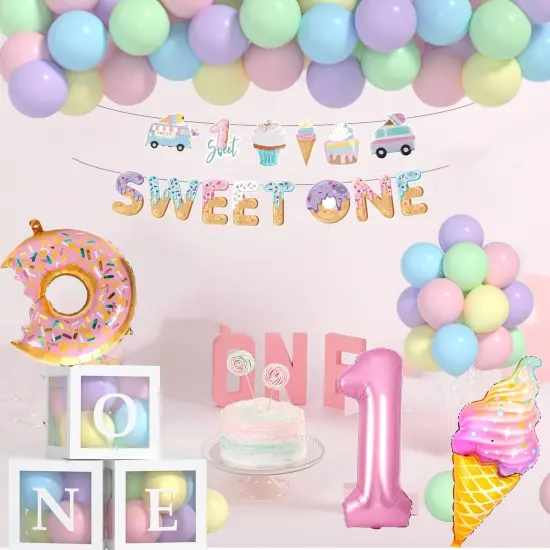 Sweet One Birthday Party Decorations, First Birthday Decorations For Girl With Pastel Balloons, 40inch Pink 1 Balloon, Sweet One Banner,O-N-E Box And Ice Cream Donuts Balloons for Party {3}