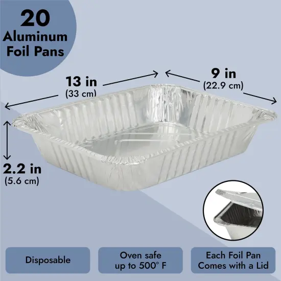 20-Pack Half Size Aluminum Pans with Lids - 9x13 Disposable Tin Foil Catering Trays for Baking, Roasting Food, Chafing Dish Silver {3}