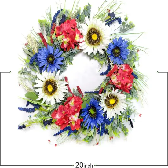 20 Inch 4th of July Independence Day Artificial Sunflower Red White and Blue Hydrangea Wreath Wall Decor {2}
