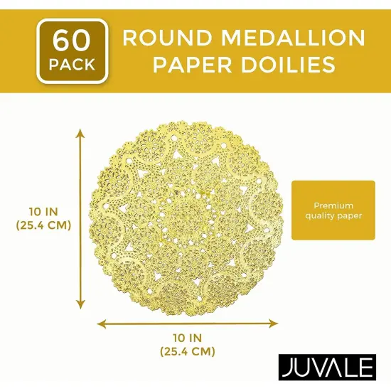 60 Pack 10 Inch Gold Paper Doilies for Dining Table, Round Decorative Medallion Lace Placemats for Wedding {5}
