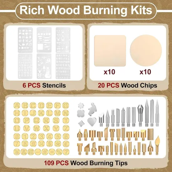 136 Pieces Wood Burning Kit Wood Burning Tools Set Wood Burner Tips Adjustable Temperature Pen Stencils with Wood Chips for Wood Burner DIY Embossing Carving Crafts {2}