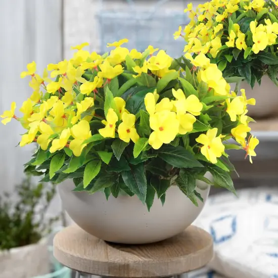 4 Pcs Summer Potted Plants, Artificial Flowers Outdoor Impatiens UV Resistant Silk Impatiens Flowers Yellow Faux Flowers Impatiens Bushes Artificial Impatiens for Pot Patio Lawn Garden Hanging Basket Porch Decor {4}