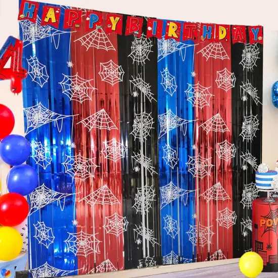 Spider Web Birthday Decorations 2 Pack Spider Party Supplies 3.3x6.6ft Red Blue and Black Spidey Tinsel Foil Fringe Curtains Backdrop Red and Blue Streamers Spider Theme Party Decorations {1}