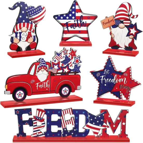 6 Pieces Patriotic Table Decor Memorial Day Table Decorations Wooden Gnome Freedom Truck Star 4th of July {1}