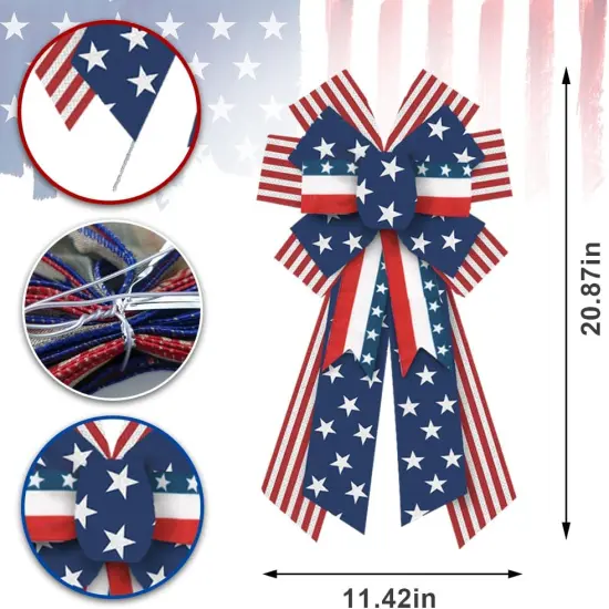 Large Patriotic Bows for Wreath, Memorial Day Wreath Burlap Bows for Front Door, Red Blue White Stripe Patriotic Star Tree Topper Bow for 4th of July Indoor Outdoor Decoration {2}