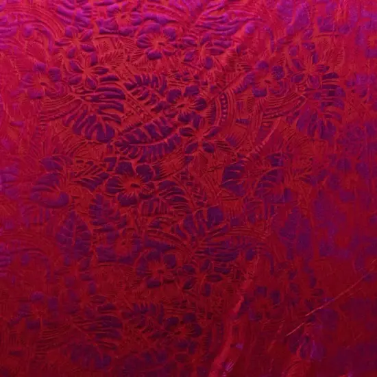 1 Yard Tropical Hibiscus & Plumeria Polyester Fabric, 36in L x 60in W Printed Foil Design Red/Fuchsia {3}