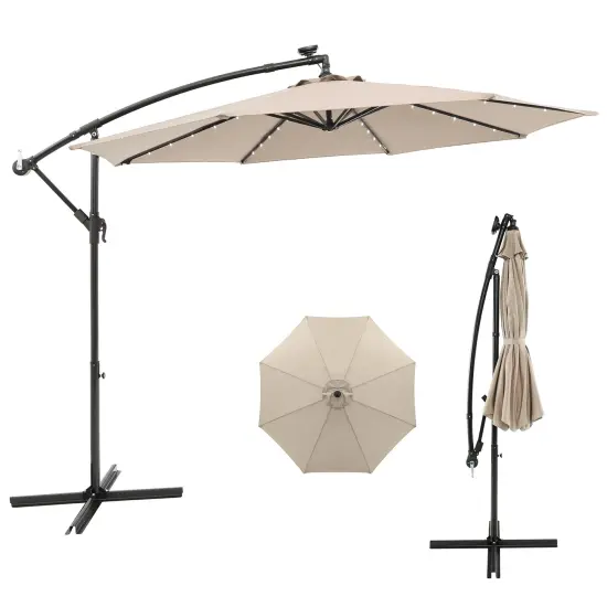 Costway 10 Ft Patio Solar LED Offset Umbrella 40 Lights Crank Cross Base {7}