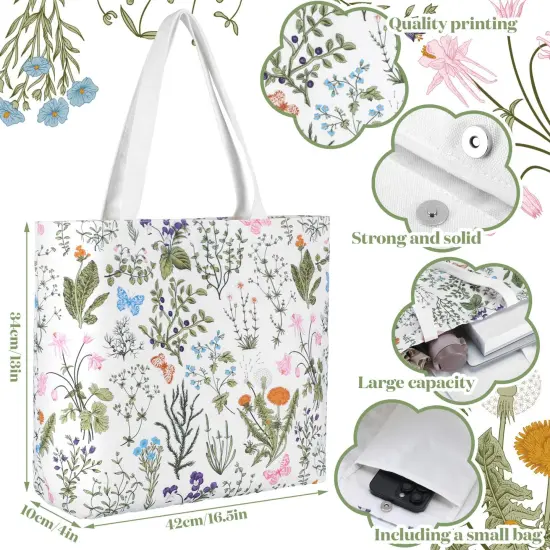 2 Pcs 2 Pcs Spring Canvas Tote Bags Floral Tote Bag Cute Aesthetic Wildflower Herbs Reusable Grocery Bags for Women (Classic) {3}