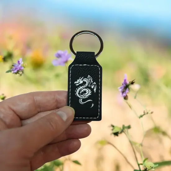 Keychain - Rectangle - Flying Dragon - Leather Black/Silver {5}