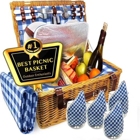 Picnic Basket Set, Wicker Basket with Handle for Outdoors, Insulated Woven Basket, Includes a Service Kit of Dinnerware & Wine Glasses, Picnic Basket Set for 4 with Blanket, Blue & White {1}