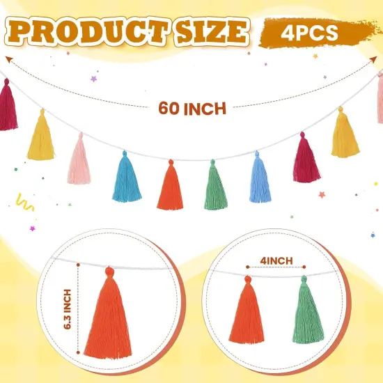 4 Pcs Rainbow Tassel Garland Boho Colorful Garland Banner Decor(Tassel in 6.3 Inches) {2}