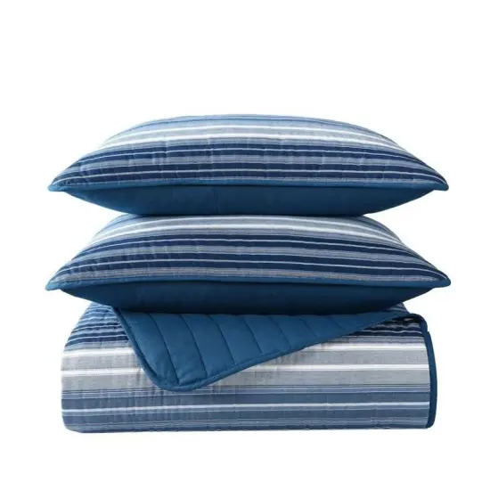 Coastal Blue Stripe Reversible Cotton Quilt Set {5}