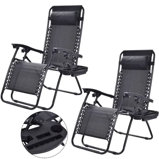 Set of 2 Folding Zero Gravity Recliner Chairs with Cup Holder Tray and Headrest for Patio or Lawn Black {1}
