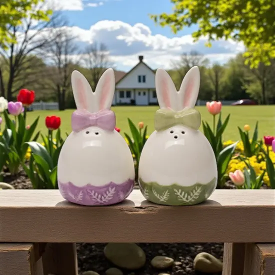 Ceramic Easter Egg Shaped Bunny Rabbit Ears Salt and Pepper Shakers, Spring Decor, Easter Decor, Gift for Her {2}
