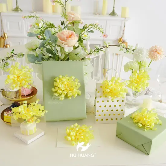 Yellow Bows for Gift Wrapping Self Adhesive Gift Bows Plaid Curly Ribbon Bow for Presents, Treat Bags, Party Favors, Holiday Easter Decor, Wrapping Accessories -5 inch x 8 Counts {3}