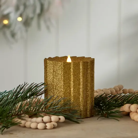 Sutton Fluted Motion Flameless Candle 4x10 Glitter Gold {1}