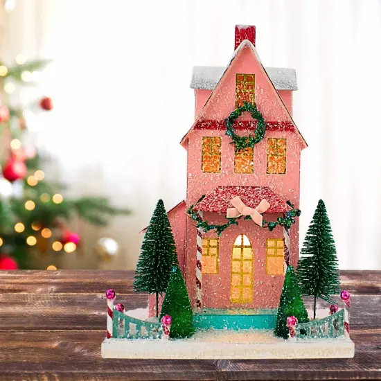 Cody Foster 14.5 Inch Merry Christmas House Christmas Putz House , Christmas Decor Retro Vintage Putz Look Holiday Pink {5}