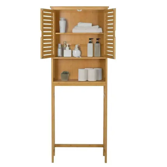 Over the Toilet Bathroom Storage Cabinet Shelf in Light Brown Yellow Wood Finish {1}