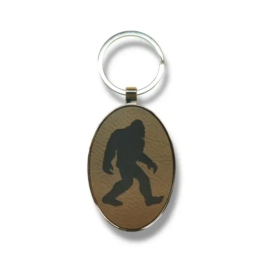 Keychain - Oval/Metal - Bigfoot Sasquatch - Leather Pink/Black {6}