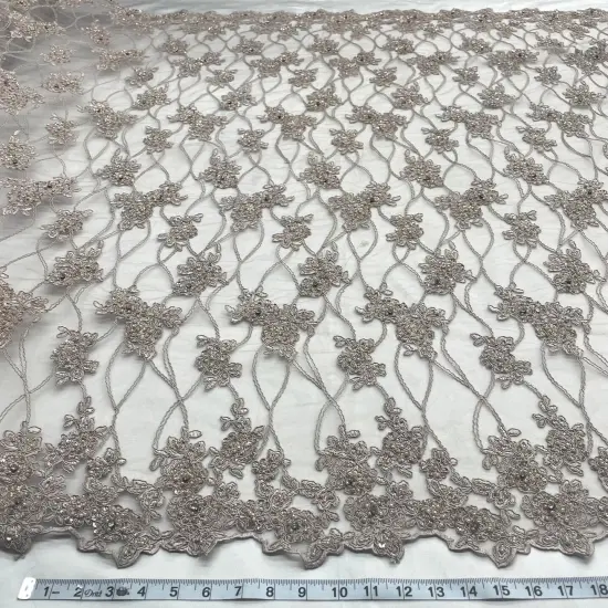 1 Yard Blush Beaded & Corded Bridal Lace Embroidered on Fabric 52" Wide Polyester Net Mesh Taupe {7}