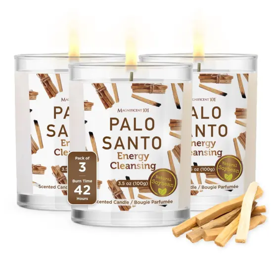 Magnificent 101 Set of 3 Long Lasting Palo Santo Smudge Candles - 42 Hour Burn, 3.5 Oz Each, Made with Soy Wax and Herb, Ideal for House Energy Cleansing, Meditation & Manifestation Multicolor {2}