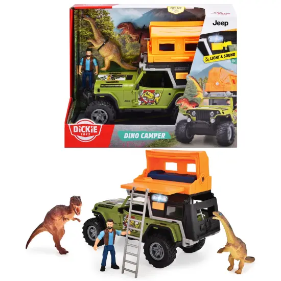 Dickie Toys: Jeep Dino Camper Set - Green & Orange - Light & Sound Toy Vehicle w/ Trailer, Action Figure & 2 Dinosaurs, Licensed, Kids Ages 3+ {6}