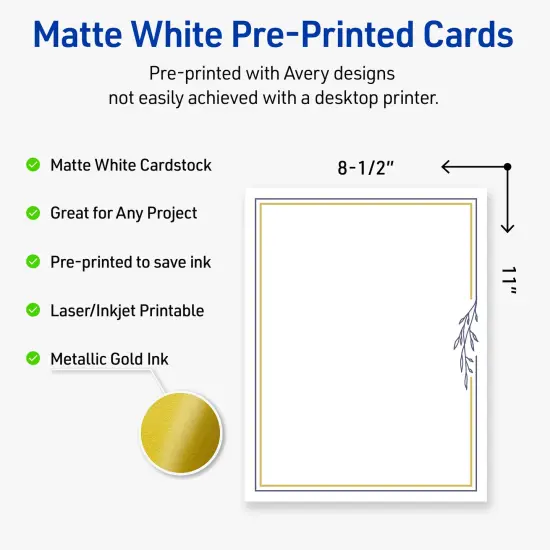 Avery Printable Full-Sheet Cardstock, Gold & Navy Border with Florals, 8.5" x 11", Matte White Full-Sheet Cardstock, Laser/Inkjet, 10ct, Great for Craft Cardstock Paper {2}