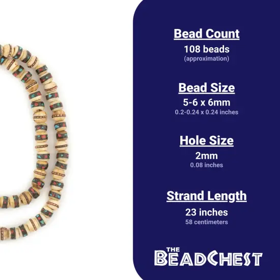 The Bead Chest Light Rustic Inlaid Yak Bone Mala Beads (6mm) {5}