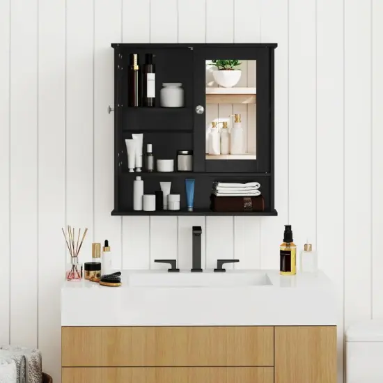 Wall Cabinet with Double Mirror Doors Adjustable Shelf Storage for Bathroom and Bedroom Black {9}