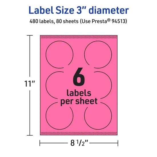 Avery Bright Pink Paper Labels, 3" Diameter Round {5}