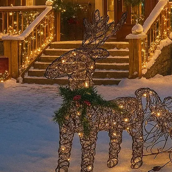 Christmas Reindeer and Sleigh LED Display Brown with Sparkling Warm White Lights 19.69 x 7.28 x 16.14 inch {3}