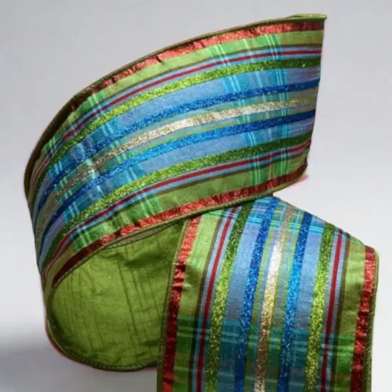 4" Faux Dupion Plaid Glitter Ribbon: Aqua (5 Yards) {3}