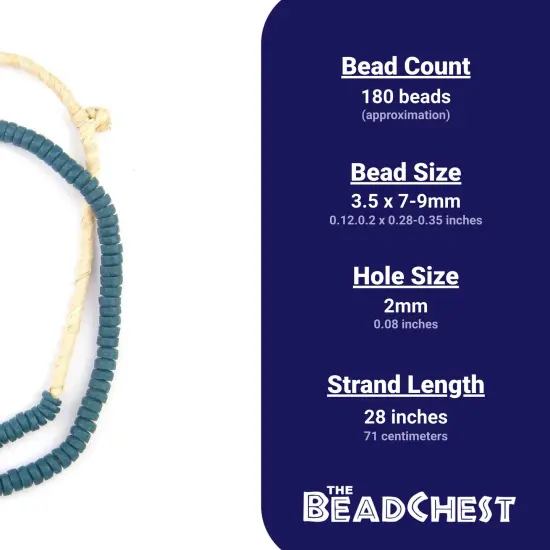 The Bead Chest Teal Sandcast Disk Beads - Full Strand of 7mm African Rondelle Donut Glass Beads from Ghana {3}