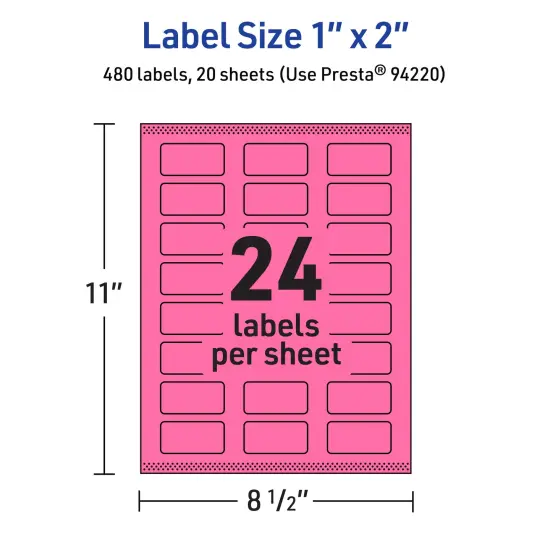 Avery Bright Pink Paper Labels, 1" x 2" Rectangle {5}