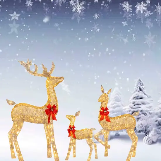 Oversized Twisted Rattan Deer Set in Champagne for Outdoor Christmas Decor 63" + 52" + 37" {2}