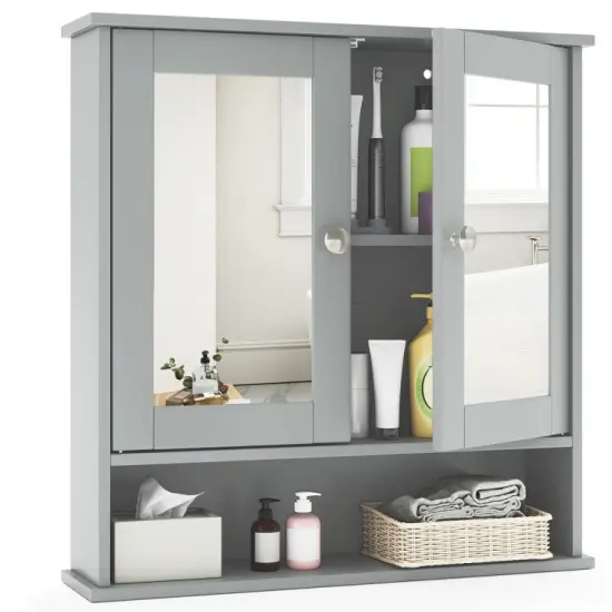 Wall Cabinet with Double Mirror Doors Adjustable Shelf Storage for Bathroom and Bedroom White {9}