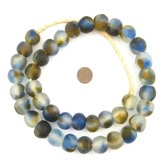 The Bead Chest African Recycled Glass Beads &ndash; Handmade in Ghana &ndash; Blue Brown Swirl 18mm Strand for Jewelry Making, Crafts, and Home Decor I Approximately 40 Beads {1}